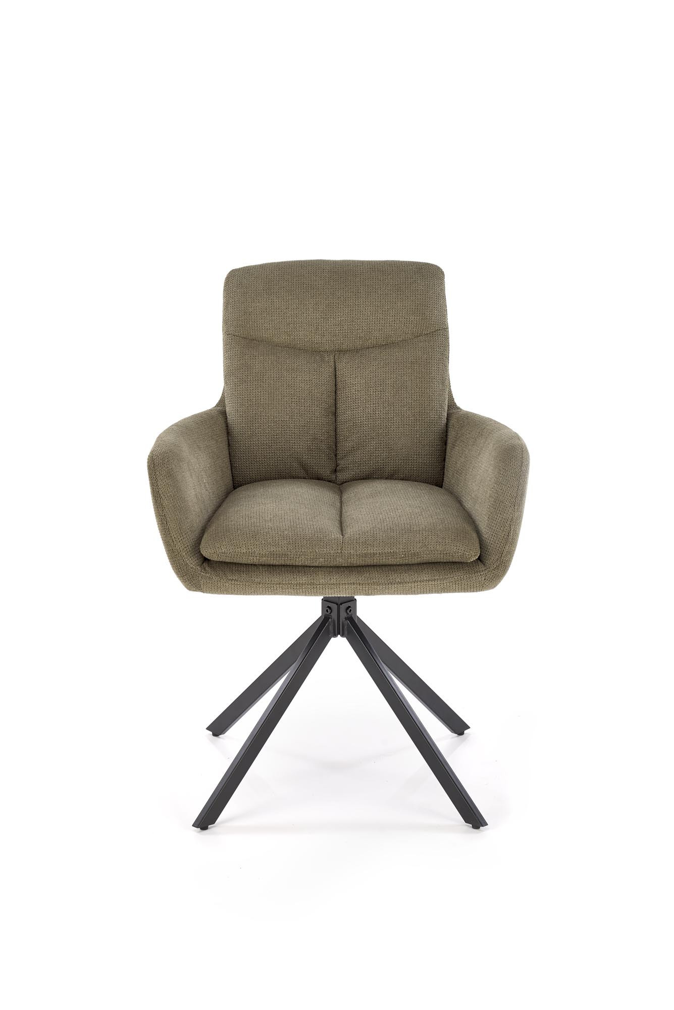 Przedni widok oliwkowego krzesła K536 z funkcją obracania 360° i stalowymi nogami.