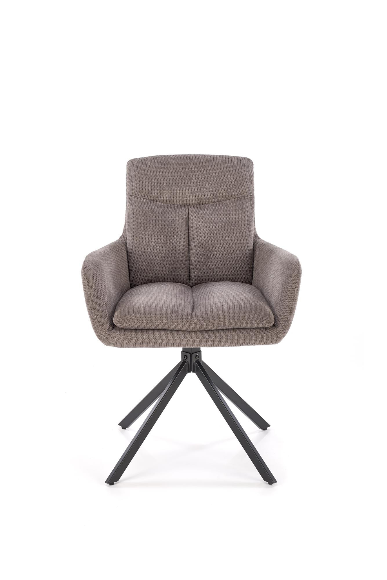Popielate krzesło obrotowe K536 z tkaniny Vardo, stalowe nogi – widok z przodu.