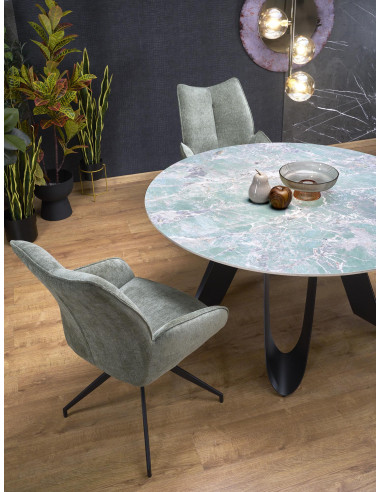 GIOVANI Stół Okrągły Fi135/76 cm Spiek Zielony Marmur | Nogi Stalowe Czarne