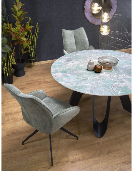 GIOVANI Stół Okrągły Fi135/76 cm Spiek Zielony Marmur | Nogi Stalowe Czarne