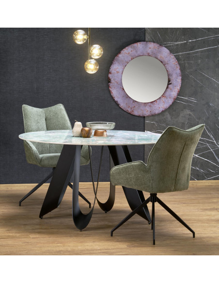 GIOVANI Stół Okrągły Fi135/76 cm Spiek Zielony Marmur | Nogi Stalowe Czarne