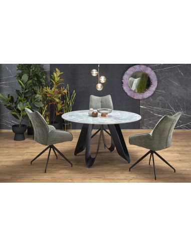 GIOVANI Stół Okrągły Fi135/76 cm Spiek Zielony Marmur | Nogi Stalowe Czarne