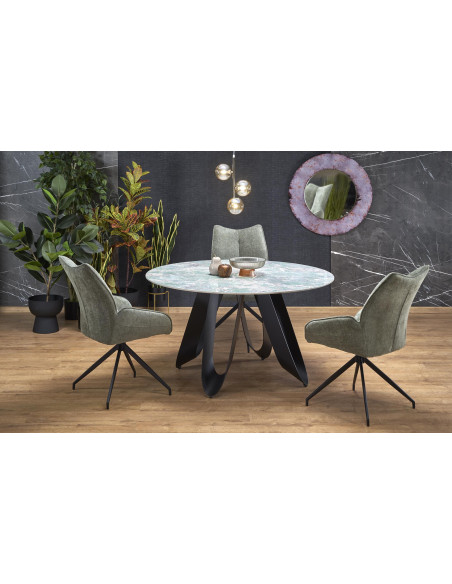 GIOVANI Stół Okrągły Fi135/76 cm Spiek Zielony Marmur | Nogi Stalowe Czarne