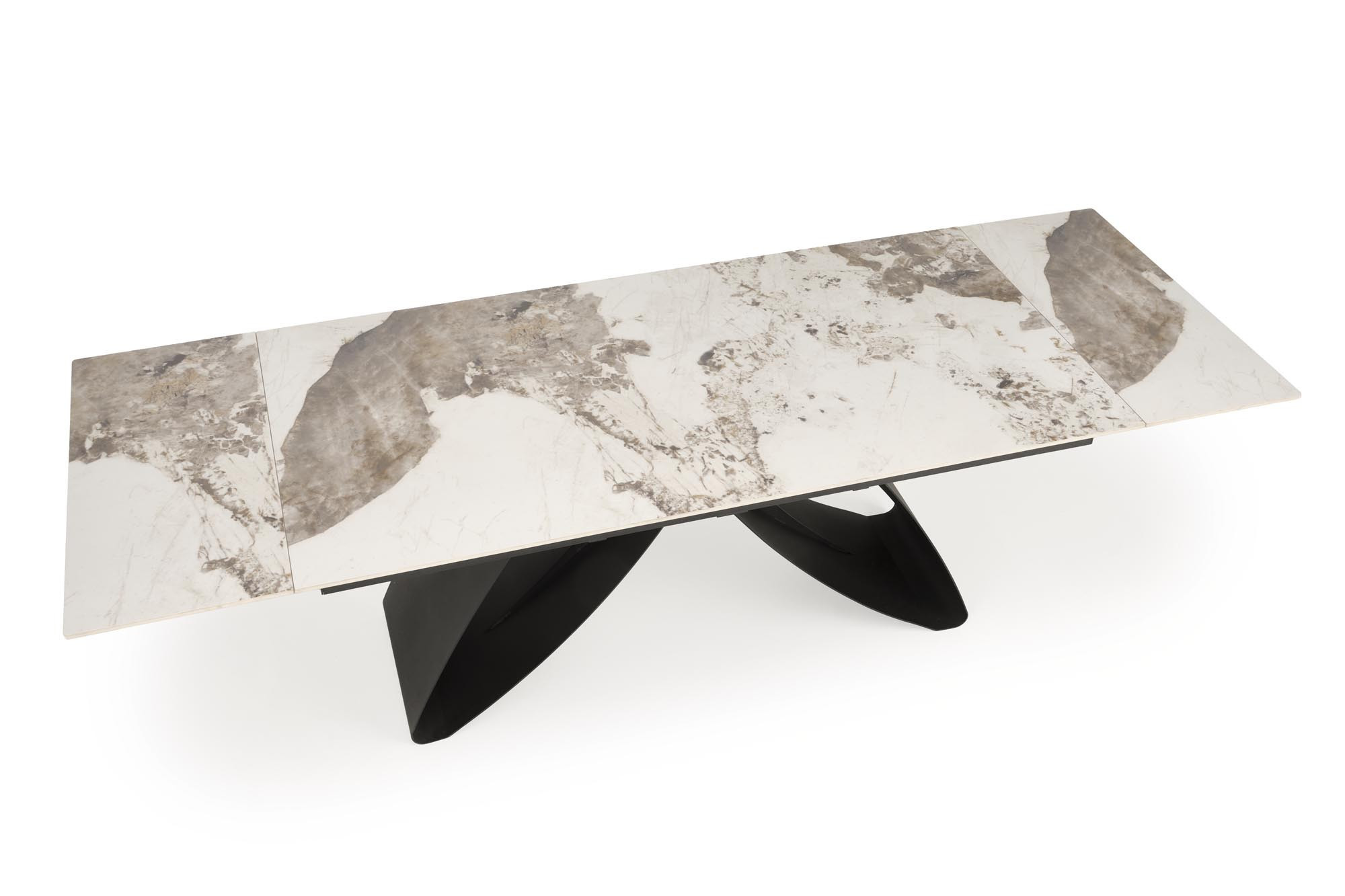 Rozkładany stół HILARIO z białym marmurowym blatem i czarnymi stalowymi nogami, widok z góry.