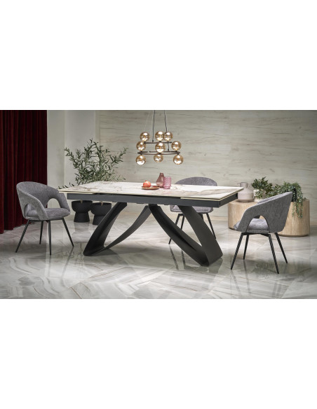 HILARIO Stół Rozkładany 180-260cm Spiek Biały Marmur | Nogi Stalowe Czarne