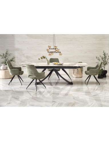 HILARIO Stół Rozkładany 180-260cm Spiek Biały Marmur | Nogi Stalowe Czarne