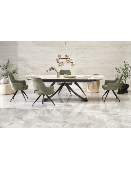 HILARIO Stół Rozkładany 180-260cm Spiek Biały Marmur | Nogi Stalowe Czarne