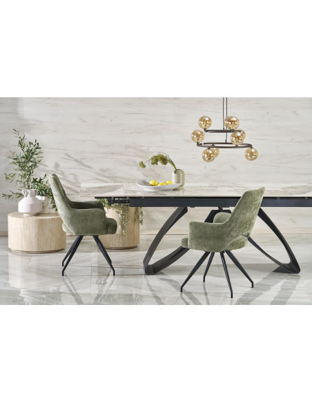 HILARIO Stół Rozkładany 180-260cm Spiek Biały Marmur | Nogi Stalowe Czarne