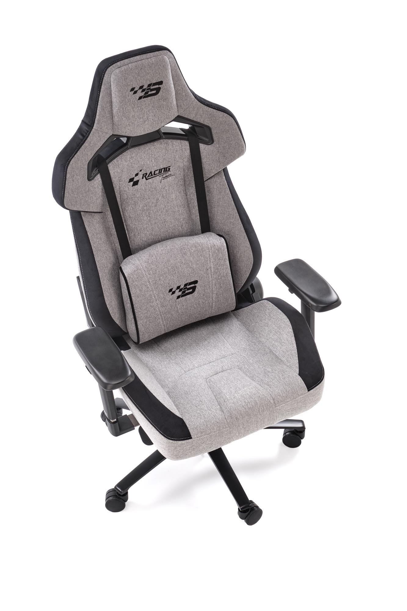 Fotel gabinetowy ALISTER w kolorze popielato-czarnym, widok z góry, regulowane podłokietniki, mechanizm multiblock.