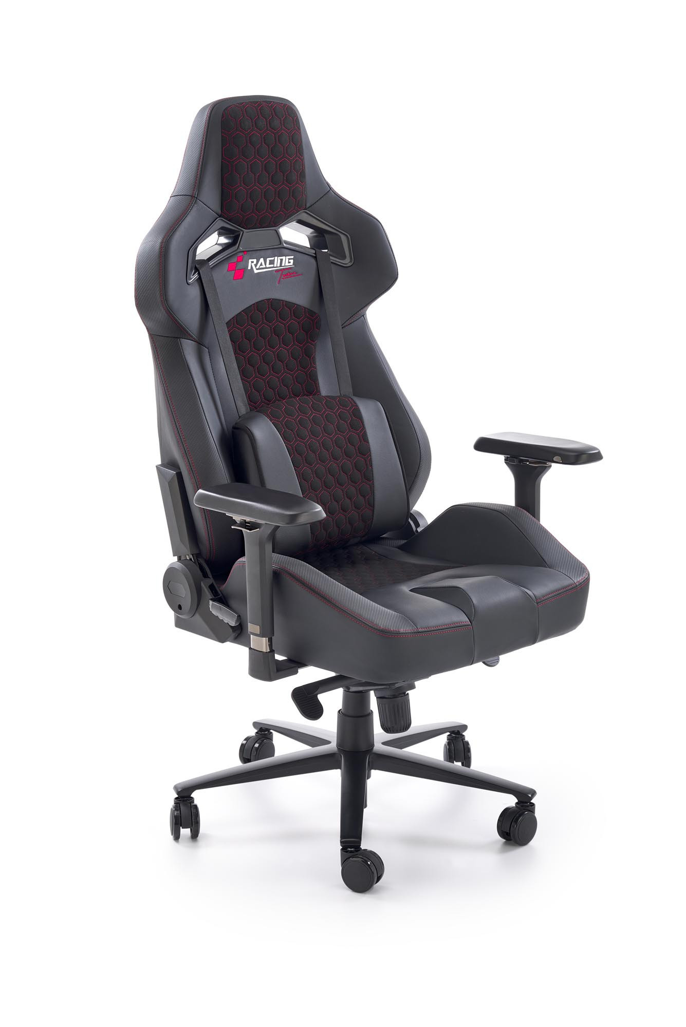 Czarno-popielaty fotel gabinetowy BALDUR z eco skóry z regulowanymi podłokietnikami – widok z przodu.