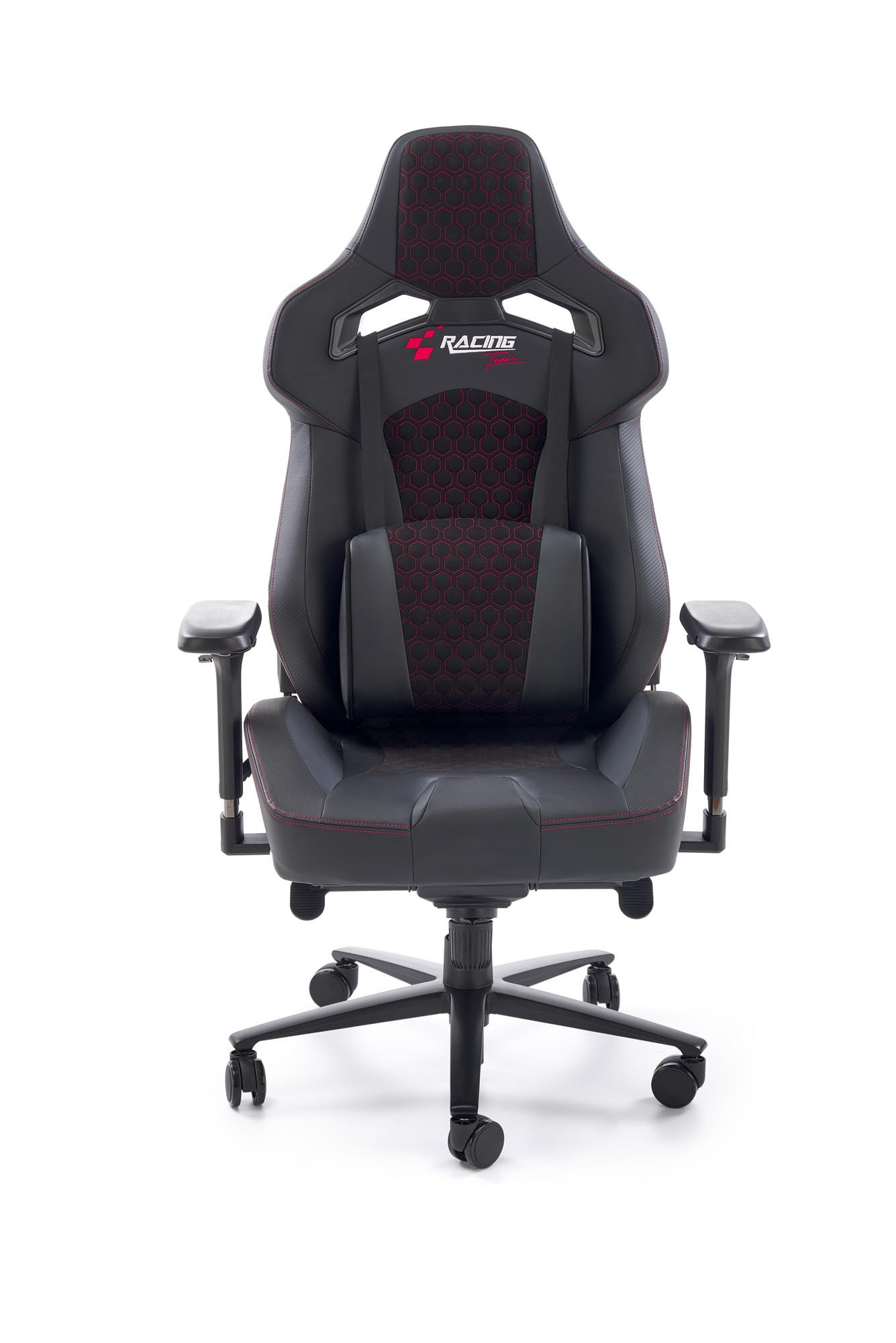 Czarno-popielaty fotel gabinetowy BALDUR z eco skóry z czerwonymi przeszyciami – widok z przodu.