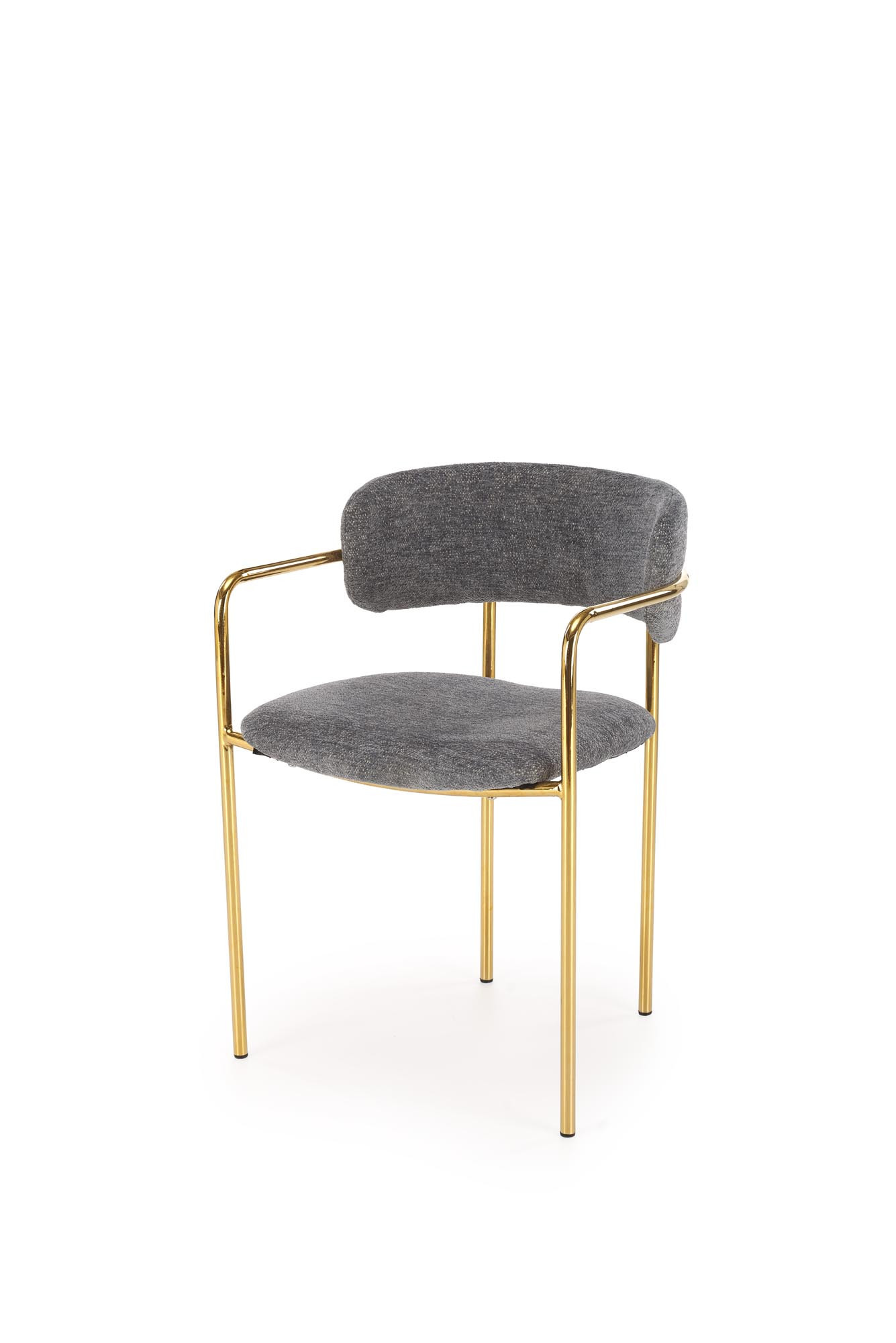Przedni widok popielatego krzesła K537 z chromowanymi złotymi nogami.