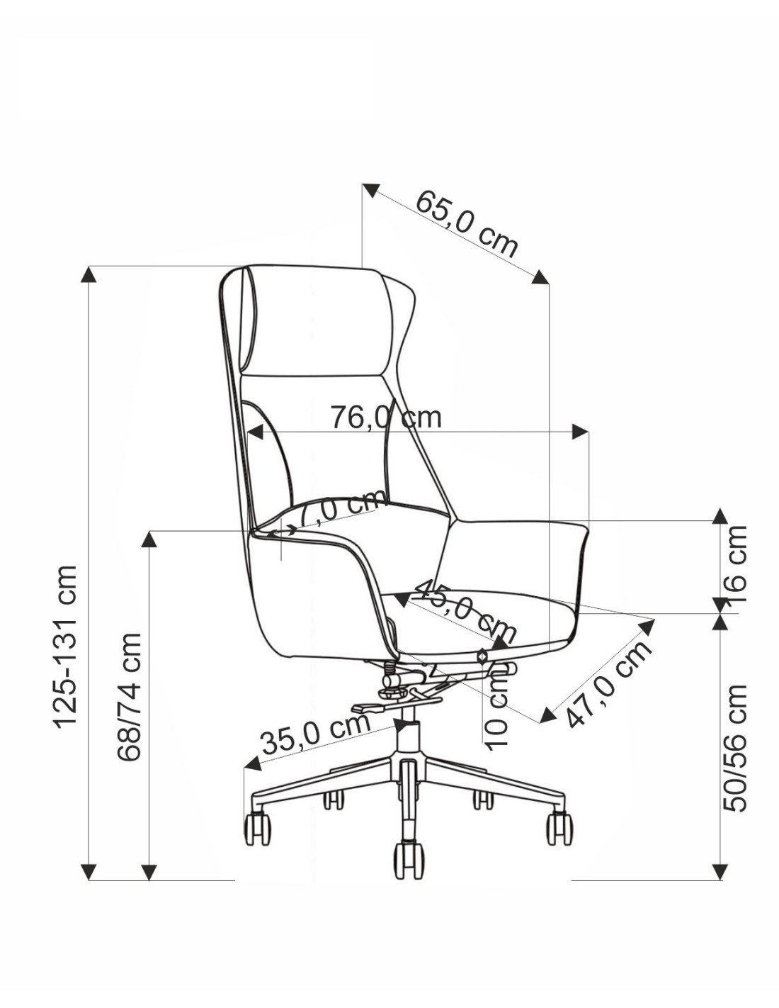 Wymiarowanie fotela biurowego EDERSON w kolorze cappuccino z eco skóry i chromowaną podstawą – widok z boku.