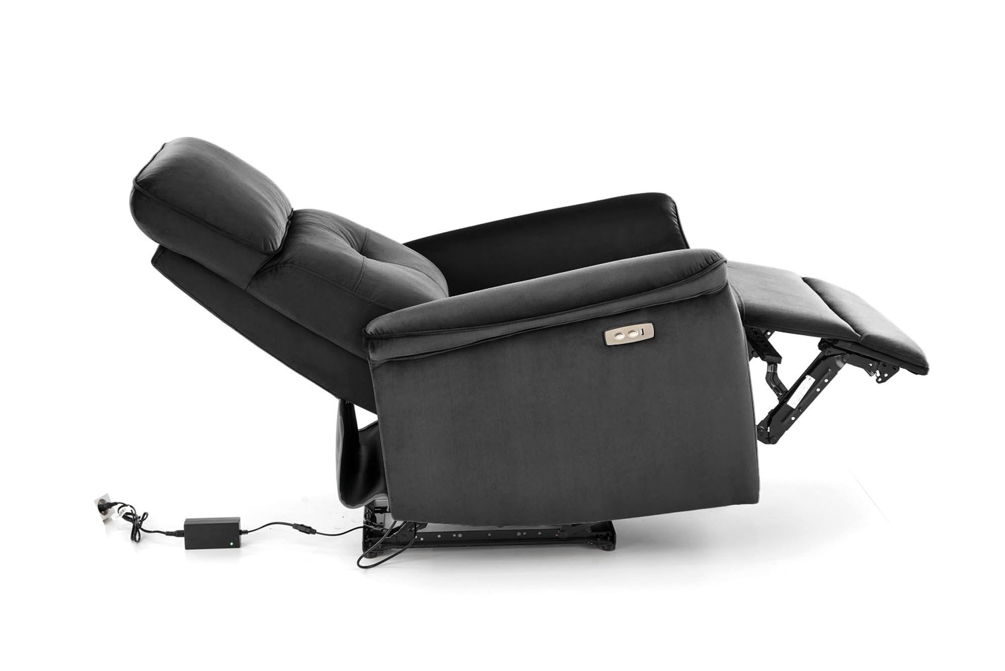 Czarny fotel SEMIR z aksamitu, rozkładany elektrycznie z gniazdem USB – widok z boku.