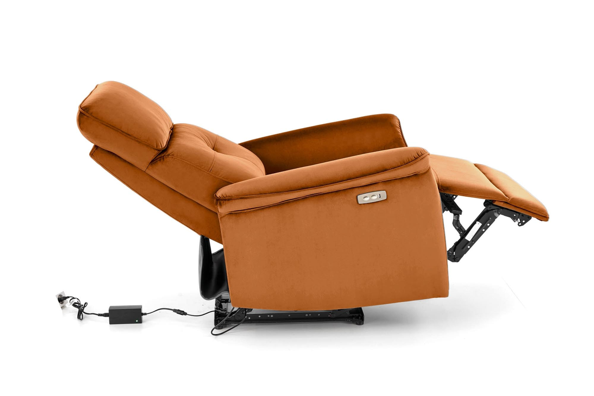 SEMIR fotel rozkładany elektrycznie w kolorze cynamonowym velvet – zdjęcie z boku.