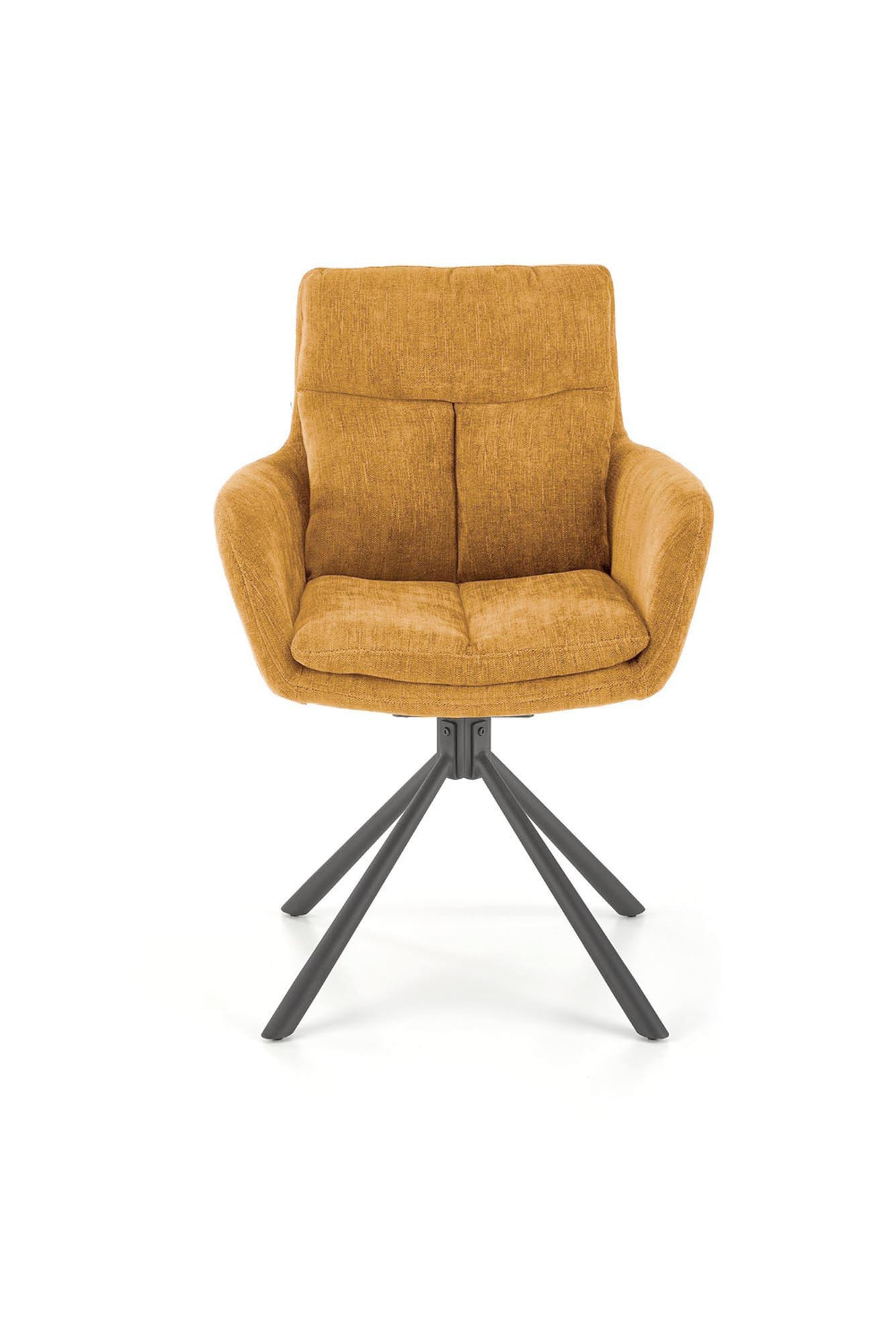 Musztardowe krzesło K495 z obrotowym siedziskiem i stalowymi nogami – widok z przodu.