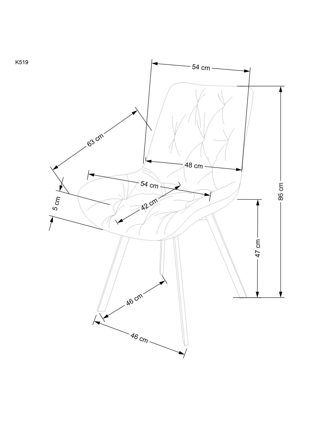 Wymiarowanie musztardowego krzesła K519 z pikowanego weluru z funkcją obracania 360° – widok z boku.