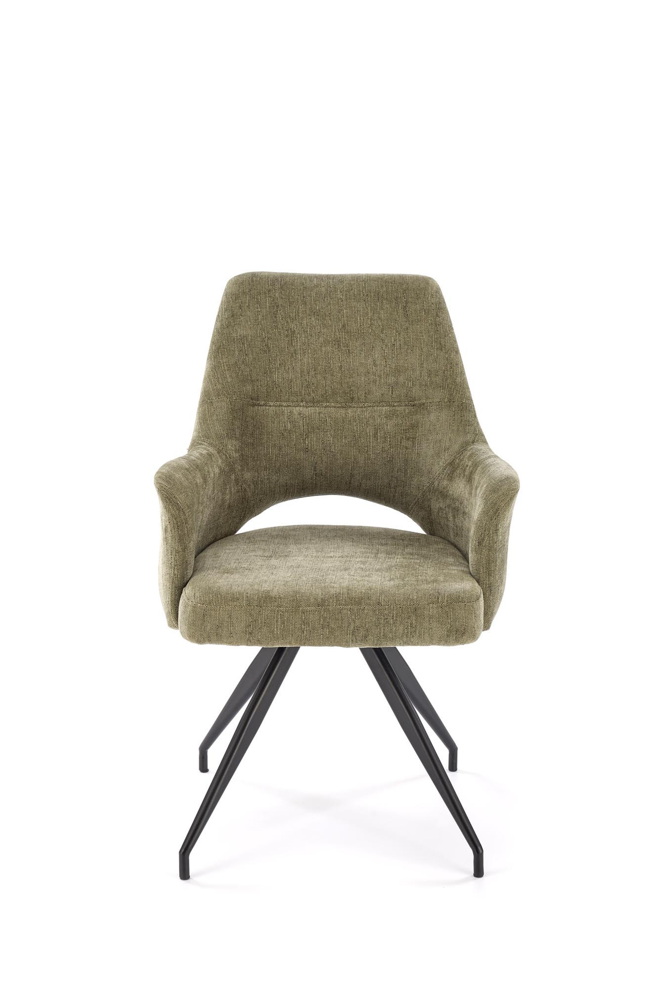 Przedni widok oliwkowego krzesła K542 z obrotowym siedziskiem, tkanina, stalowe nogi.