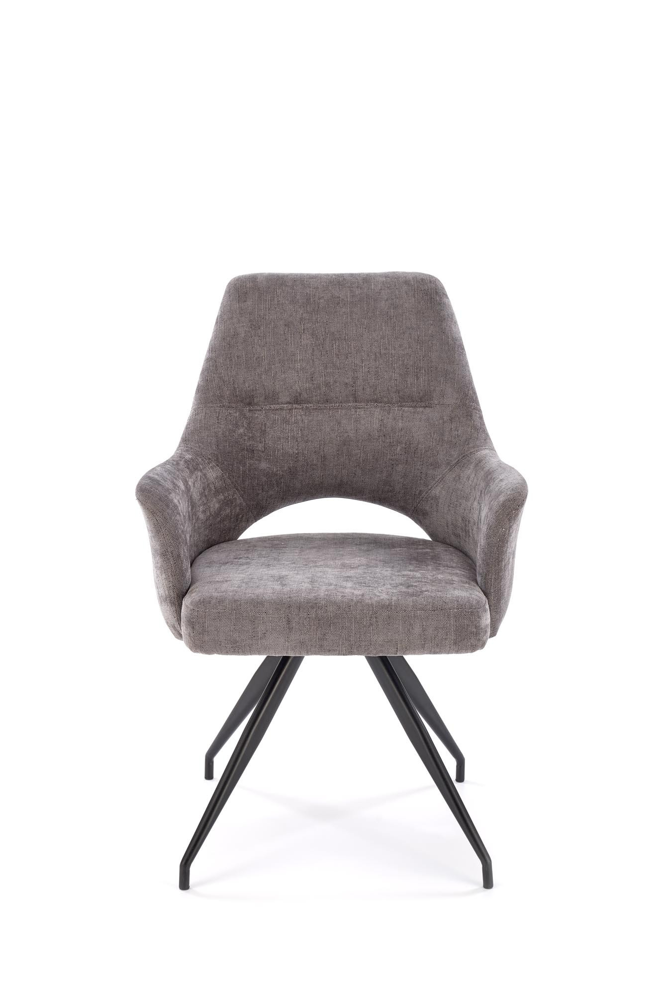 Widok z przodu popielatego obrotowego krzesła K542 z tkaniny, czarne stalowe nogi.