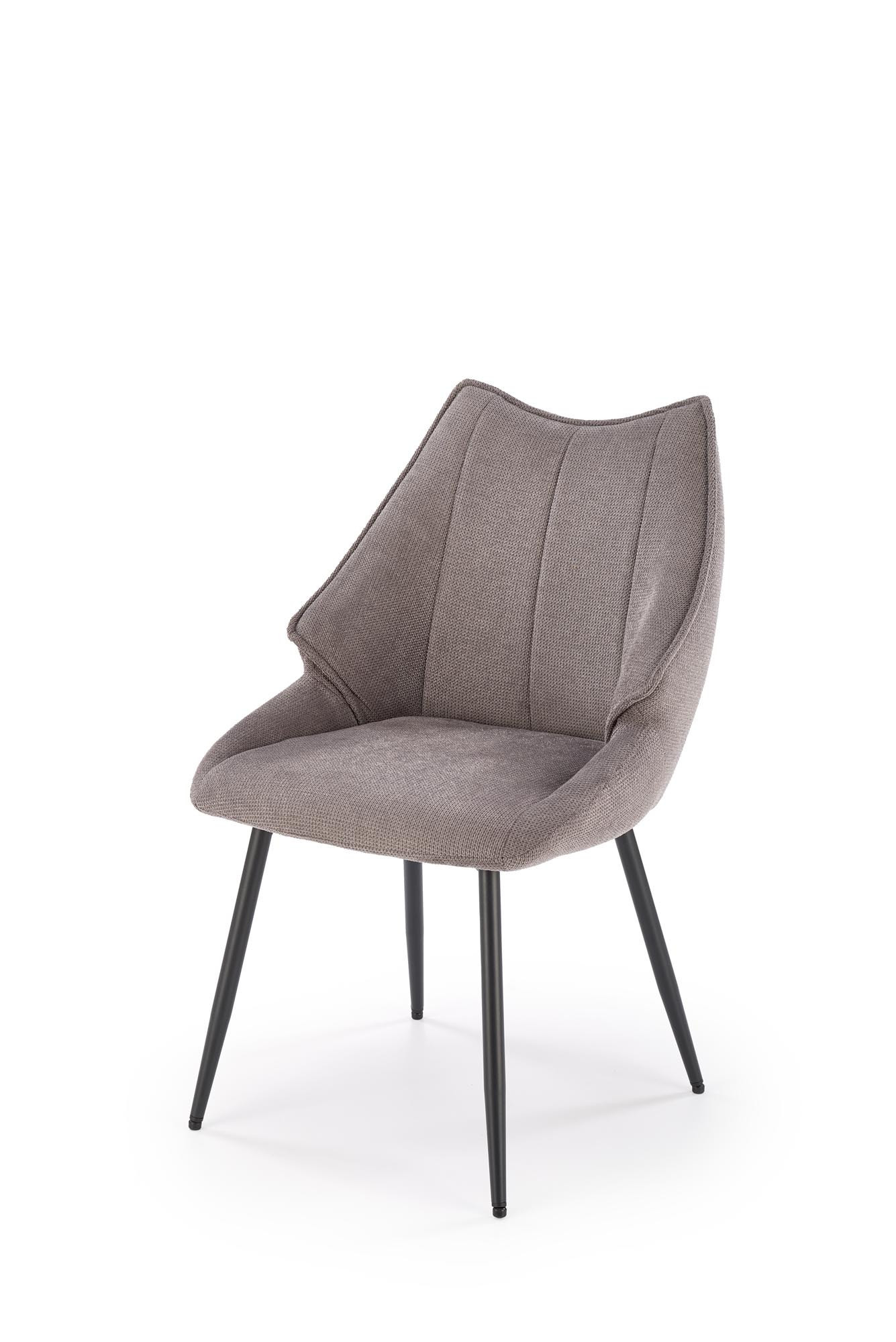 Przedni widok krzesła K543 w kolorze popielatym z pikowanym oparciem i stalowymi nogami.