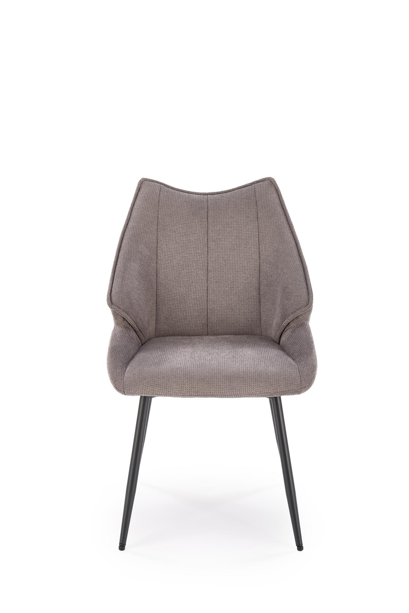 Przedni widok popielatego krzesła K543 z pikowanym oparciem, tkanina Vardo, stalowe nogi.