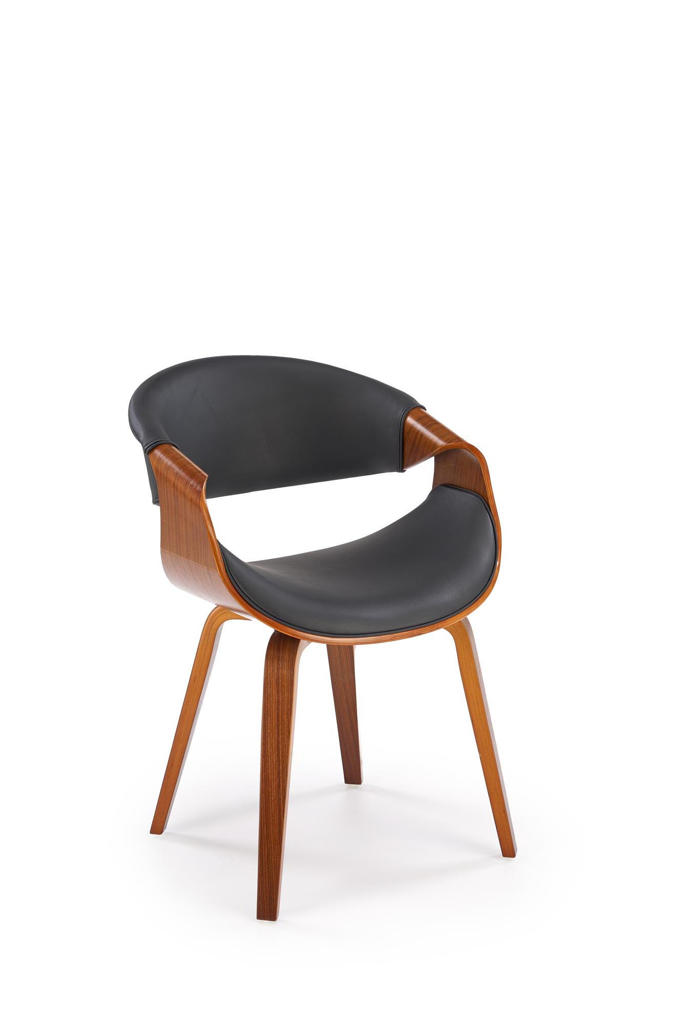 Krzesło K544 z czarnej eco skóry i giętej sklejki orzechowej – widok z przodu.