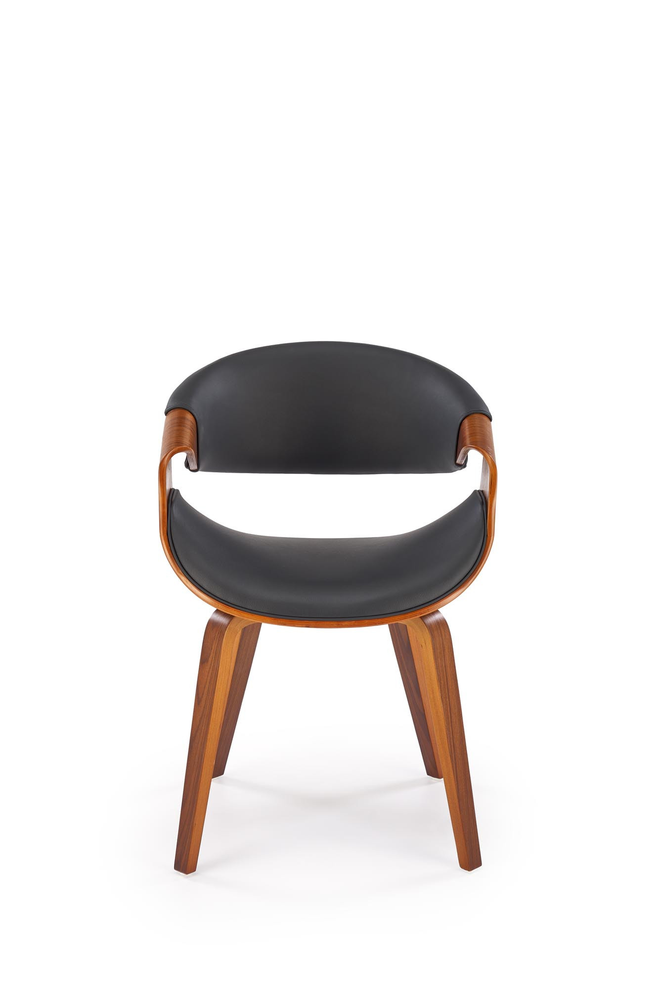 Krzesło K544 z czarnej eco skóry i giętej sklejki orzechowej – widok z przodu.