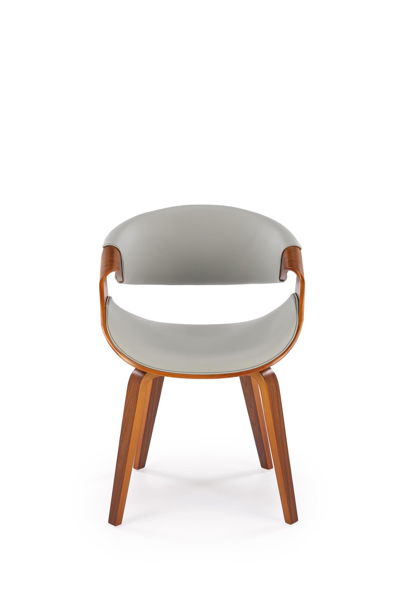 Przedni widok popielato-orzechowego krzesła K544 z eco skórą i giętą sklejką.