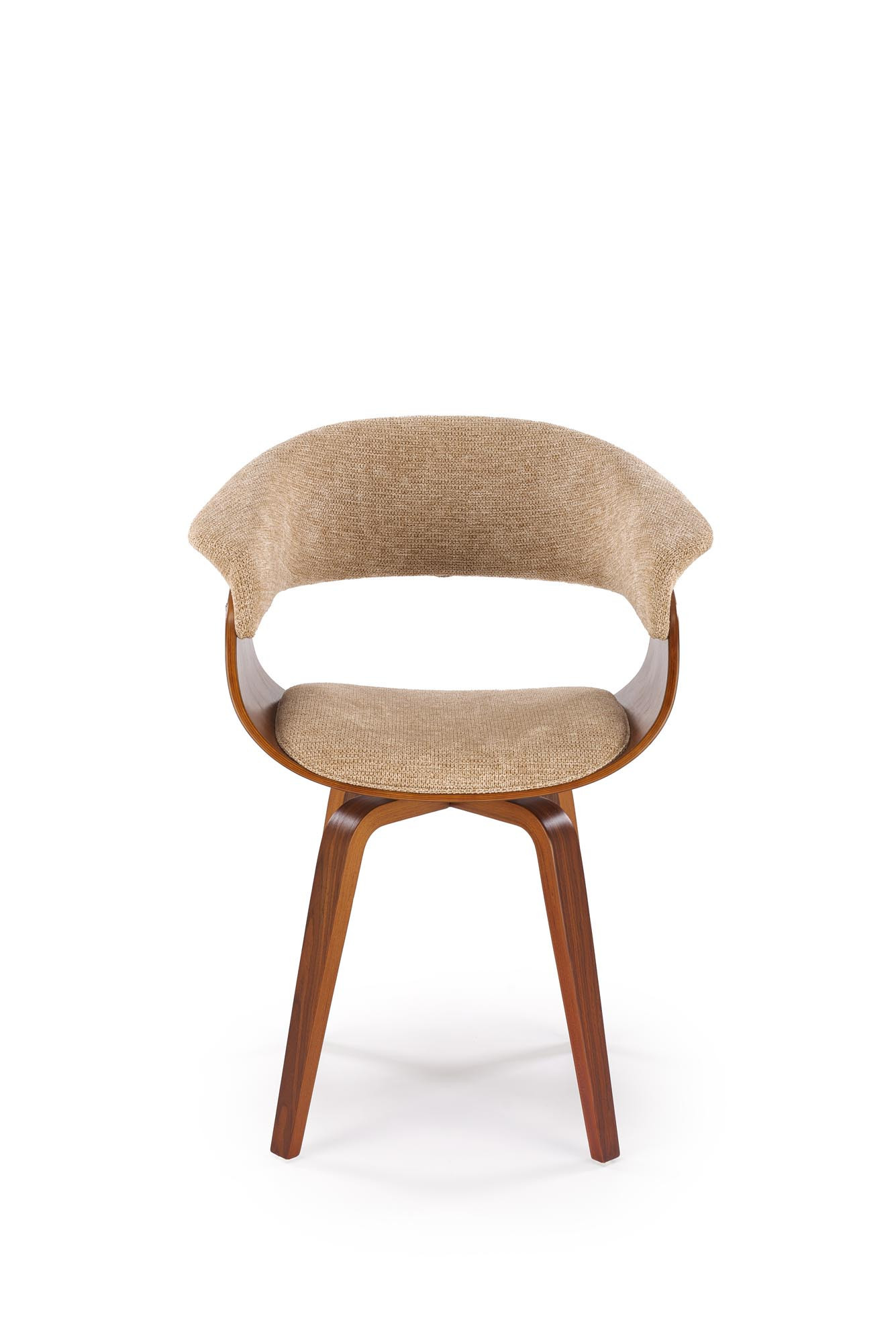 Widok z przodu beżowo-orzechowego krzesła K545 z eco skóry i giętej sklejki.