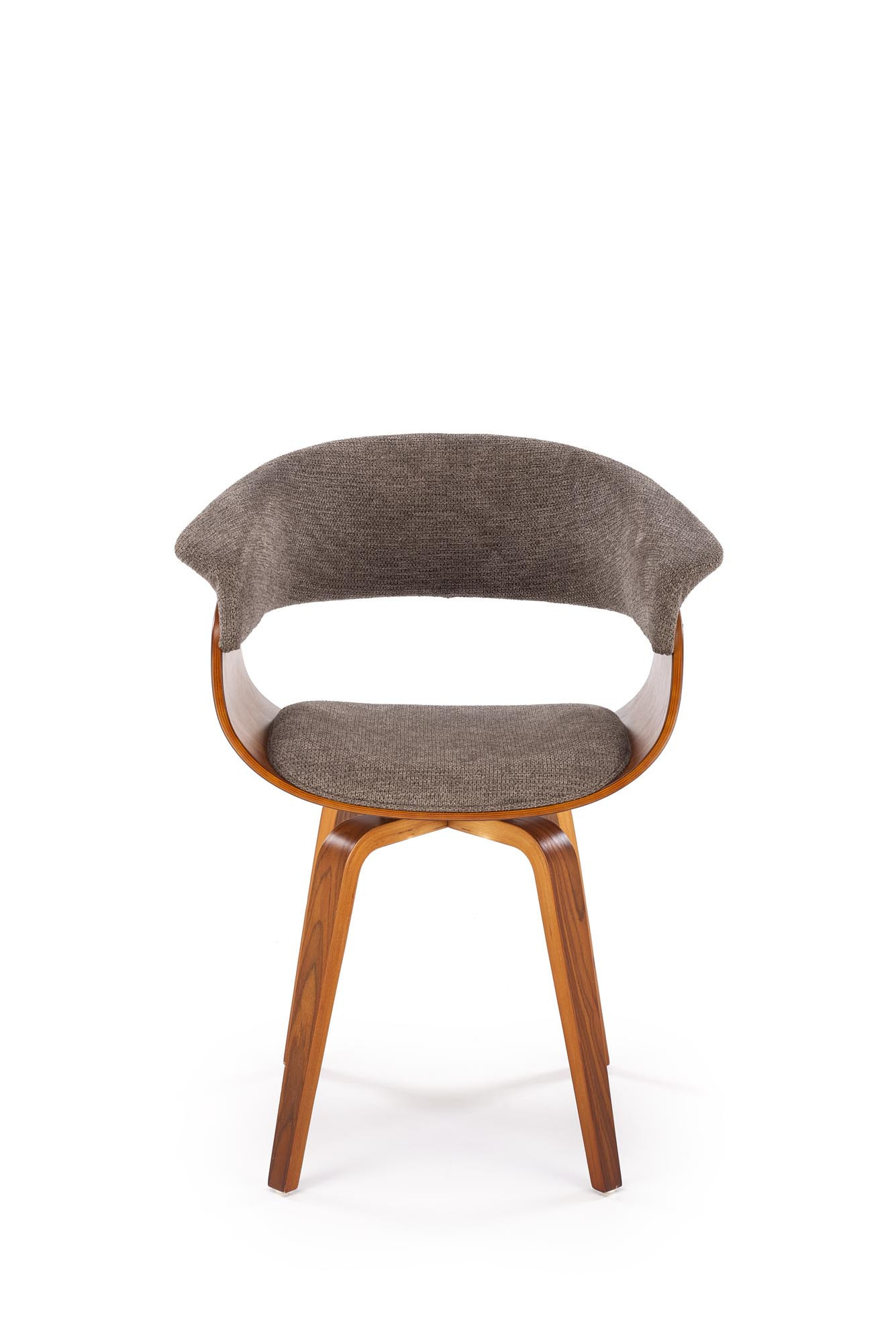 Popielato-orzechowe krzesło K545 z eco-skóry i giętej sklejki – widok z przodu.