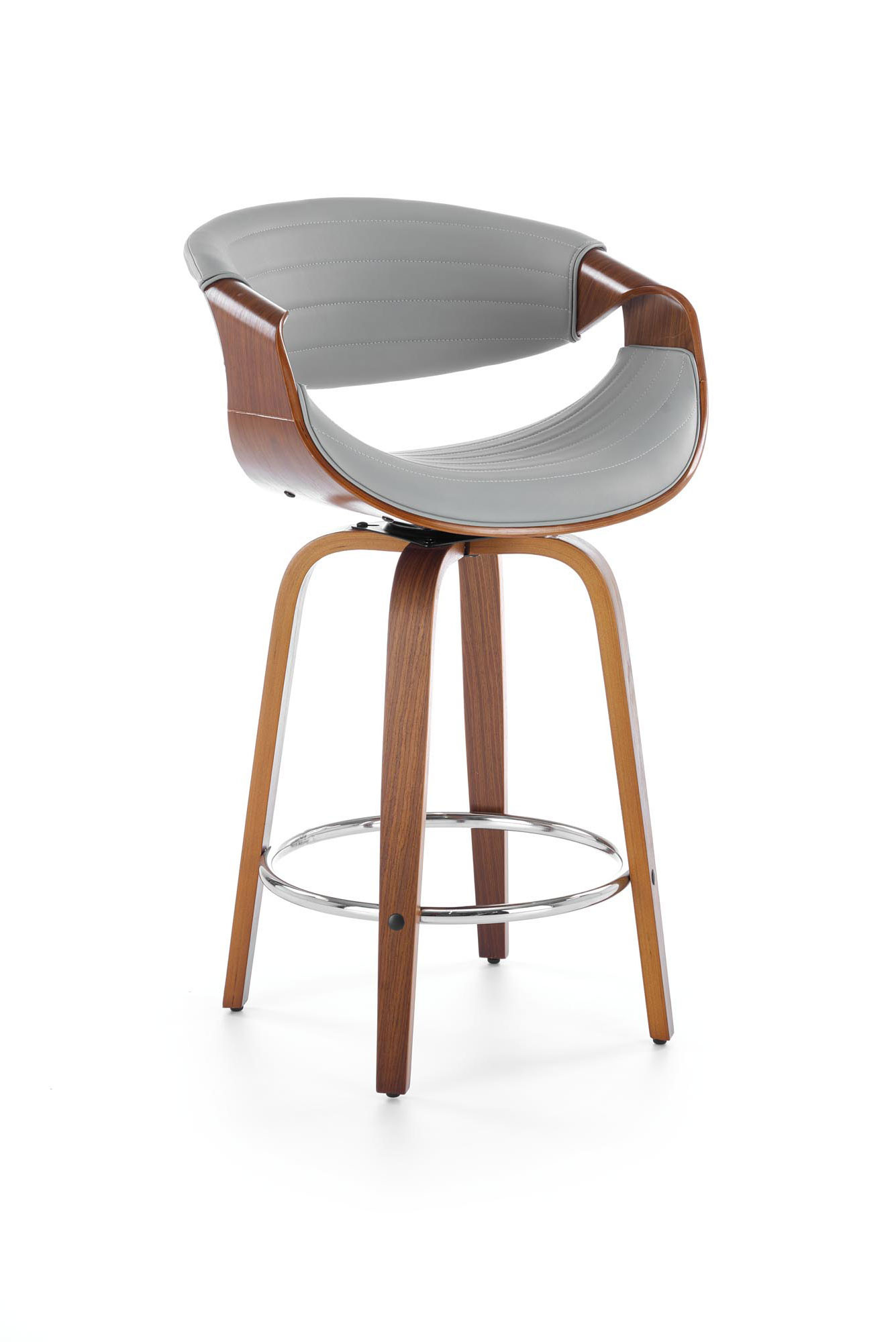 Hoker H123, obrotowy 360°, popielato-orzechowy, chromowane elementy, eko skóra – widok z przodu.