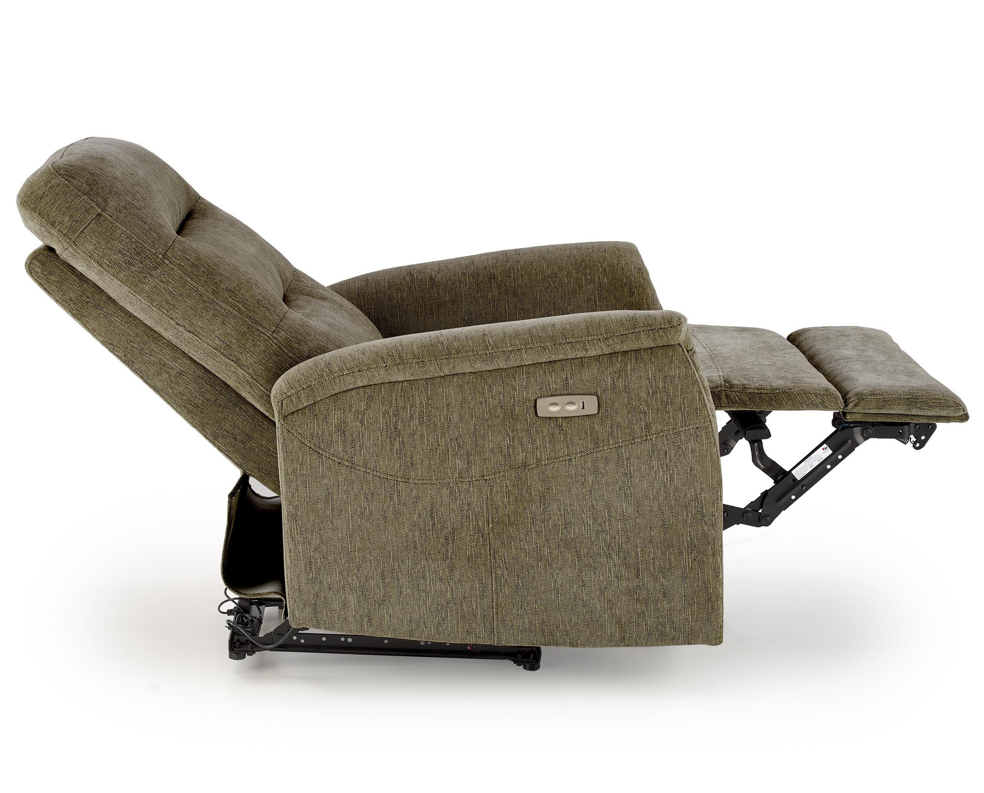Oliwkowy fotel wypoczynkowy JAMAL, elektrycznie rozkładany z portem USB – widok z boku.