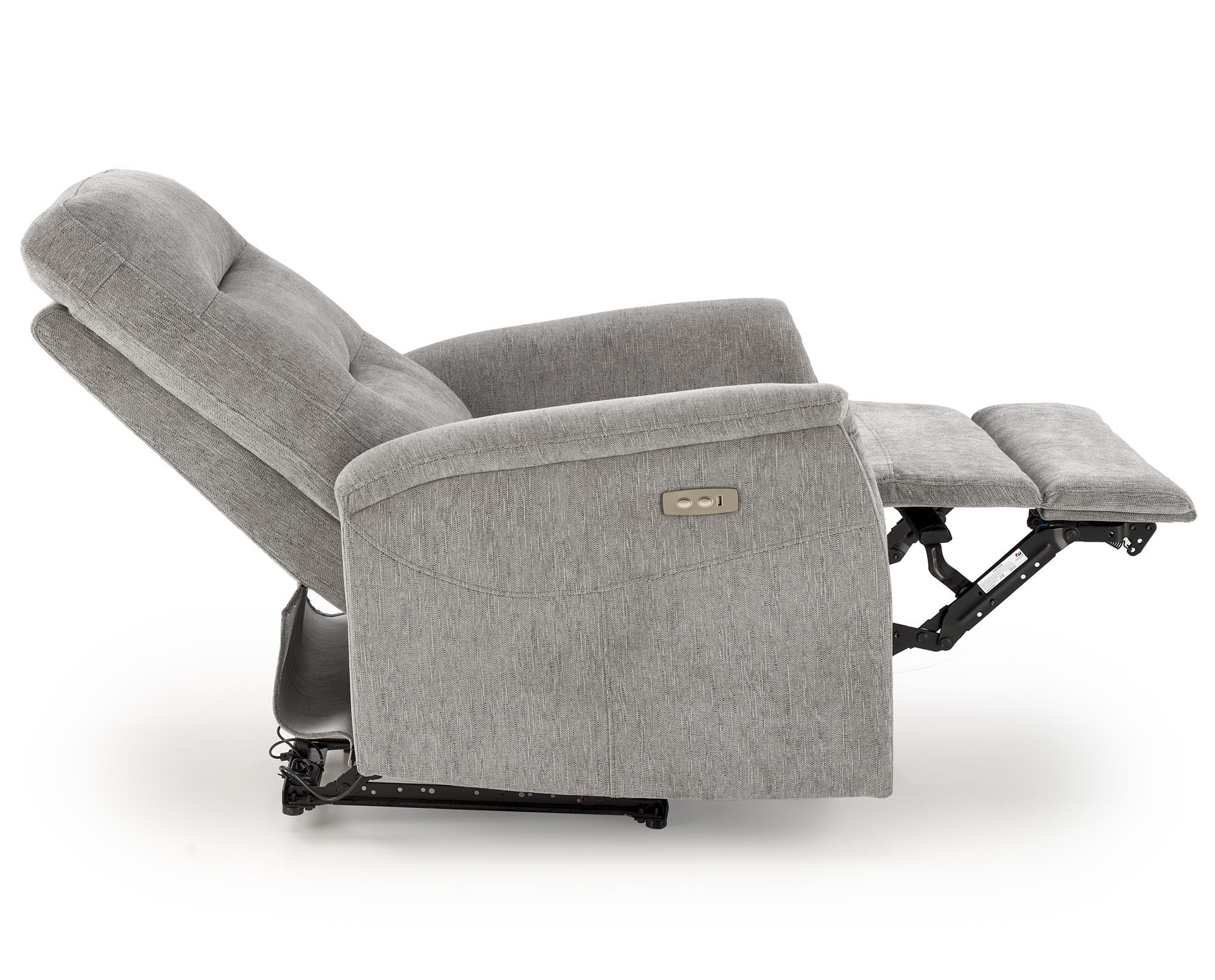 Boczny widok popielatego fotela wypoczynkowego JAMAL, elektrycznie rozkładanego z portem USB.