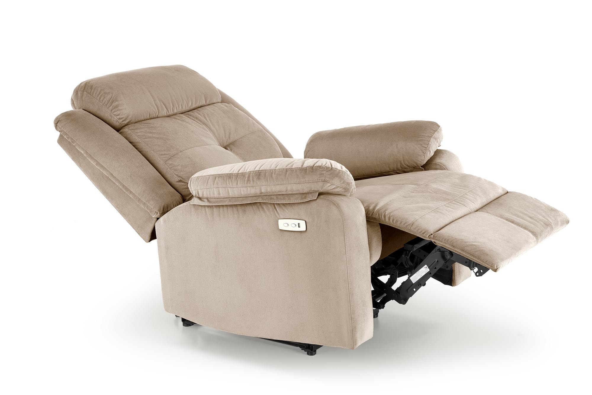 Beżowy fotel LORIS, elektrycznie rozkładany z gniazdem USB – widok z boku.