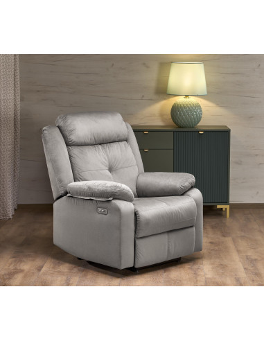 LORIS Fotel Wypoczynkowy Popielaty Elektrycznie Rozkładany z Gniazdem USB