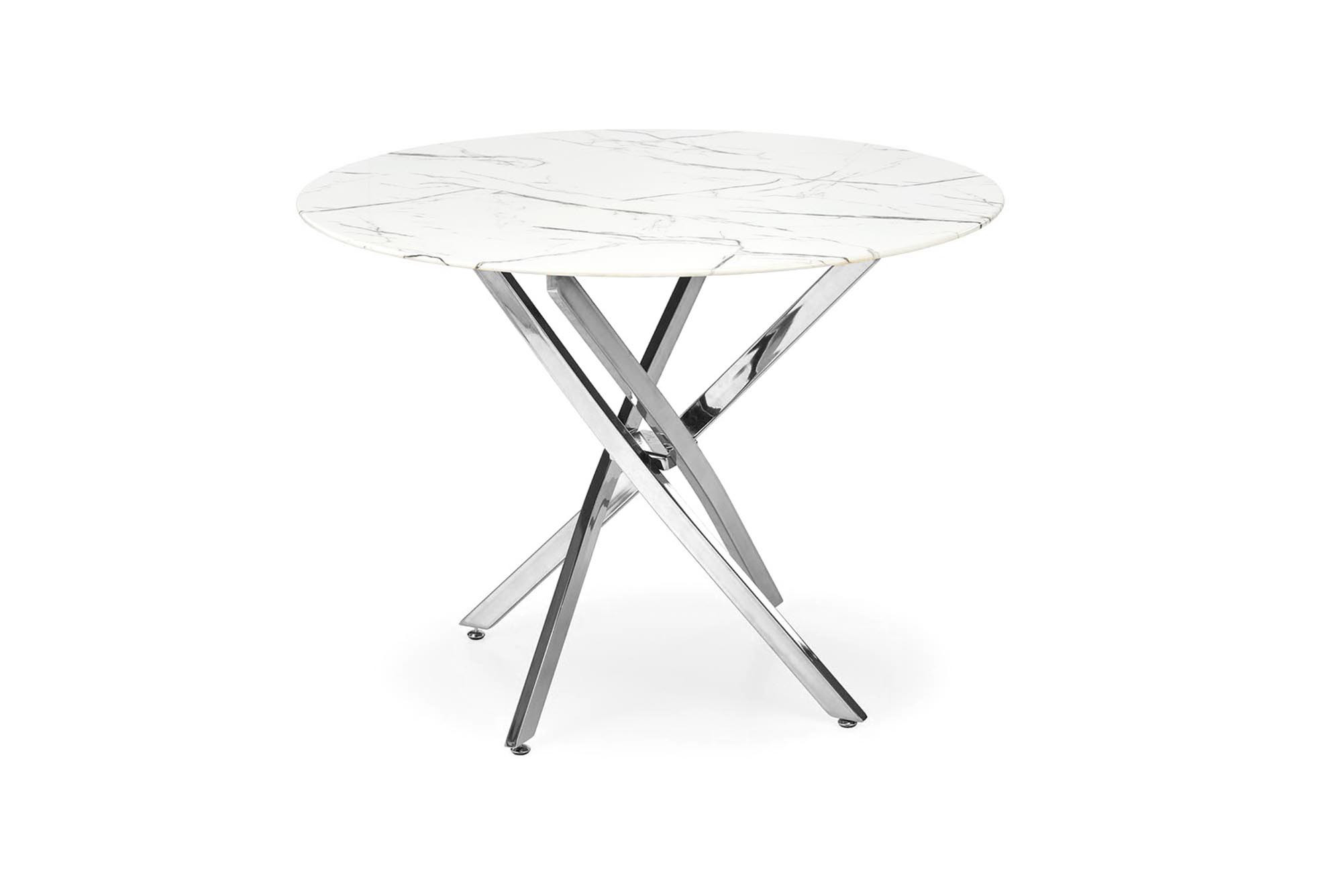 Okrągły stół Raymond z białym marmurowym blatem i chromowanymi krzyżującymi się nogami.