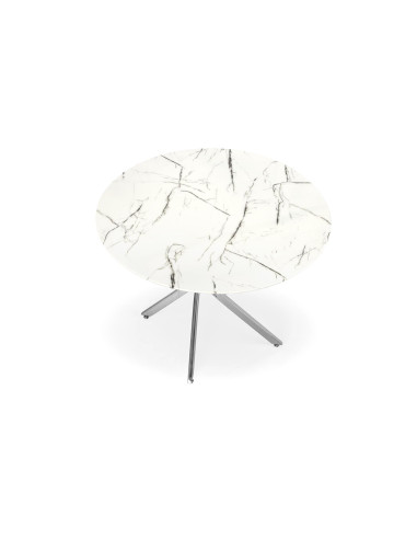 RAYMOND_3 Stół Okrągły Szklany fi100 cm Blat Biały Marmur Nogi Chromowane