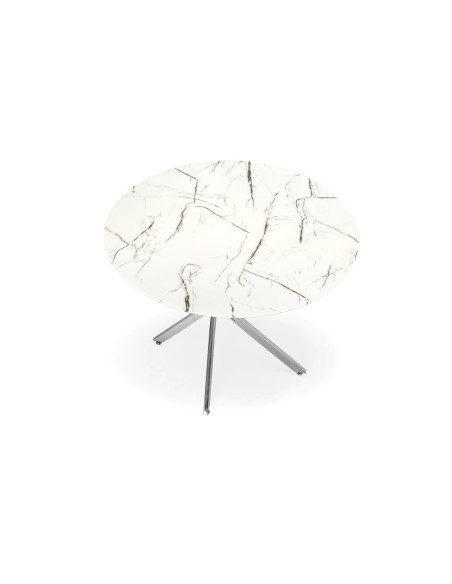 RAYMOND_3 Stół Okrągły Szklany fi100 cm Blat Biały Marmur Nogi Chromowane