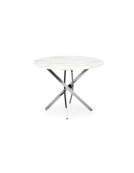RAYMOND_3 Stół Okrągły Szklany fi100 cm Blat Biały Marmur Nogi Chromowane