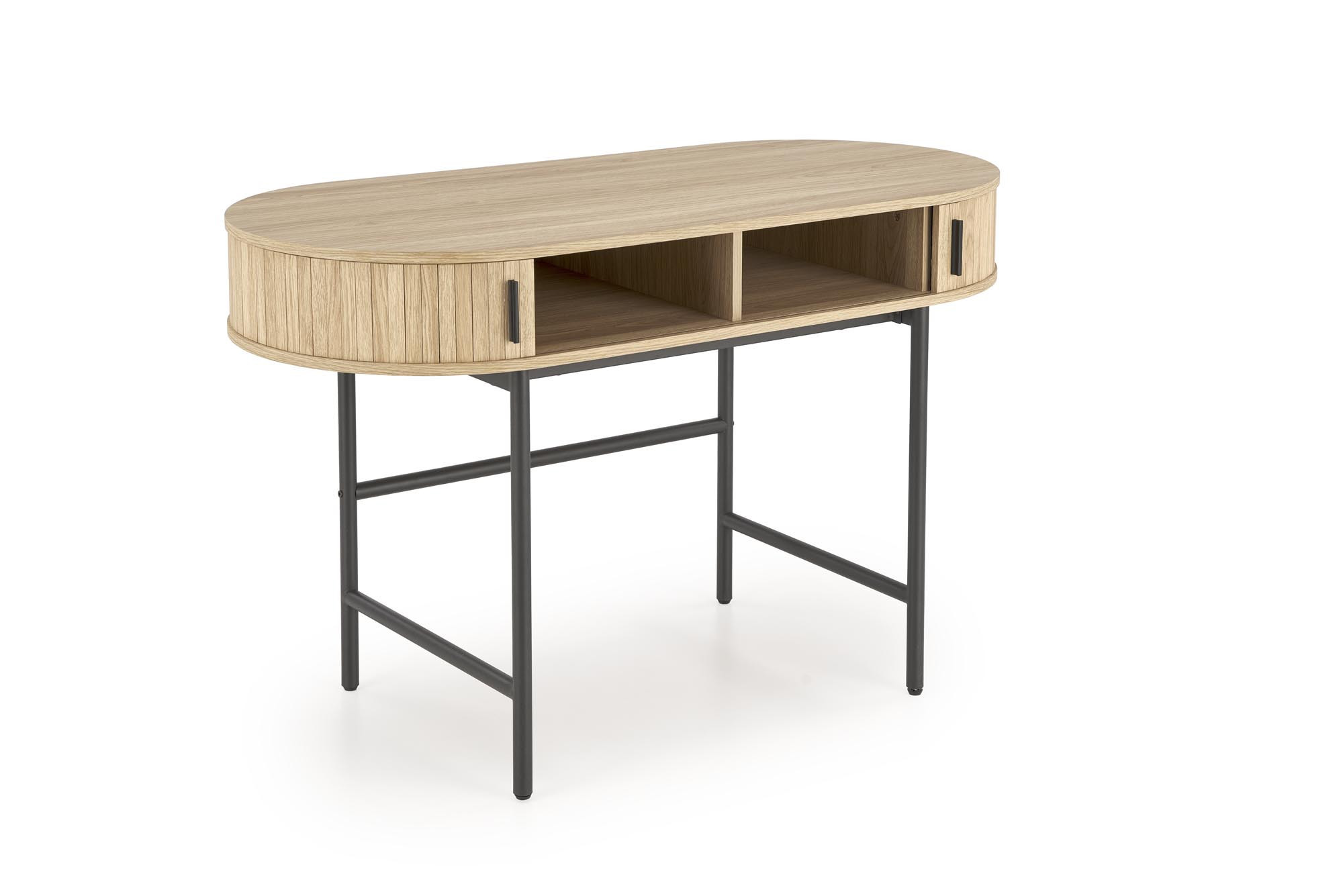 Biurko B51 naturalne-czarne MDF z półkami i stalowymi nogami – widok z przodu.