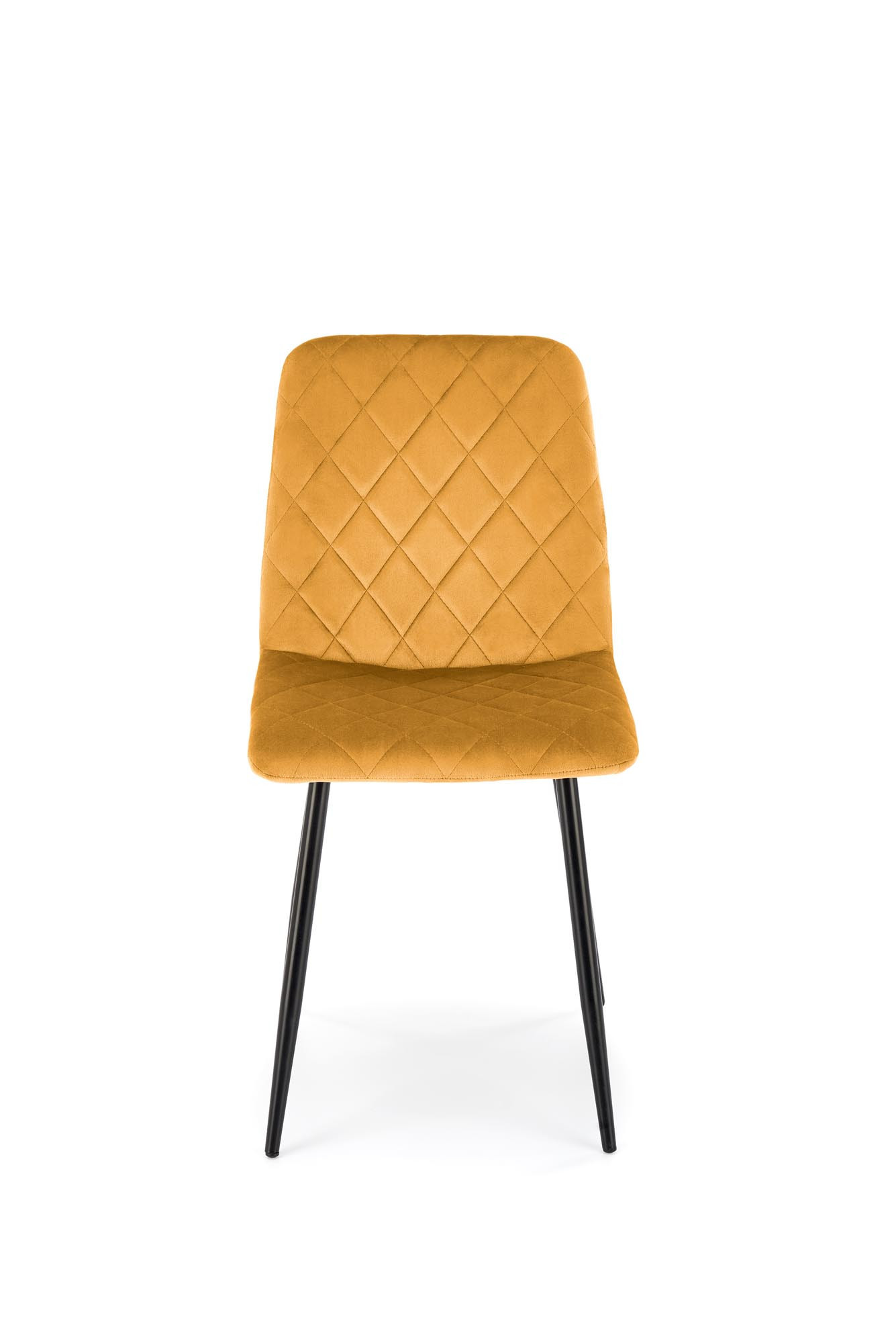 Musztardowe krzesło K525 z pikowanym welurowym siedziskiem i czarnymi stalowymi nogami – widok z przodu.