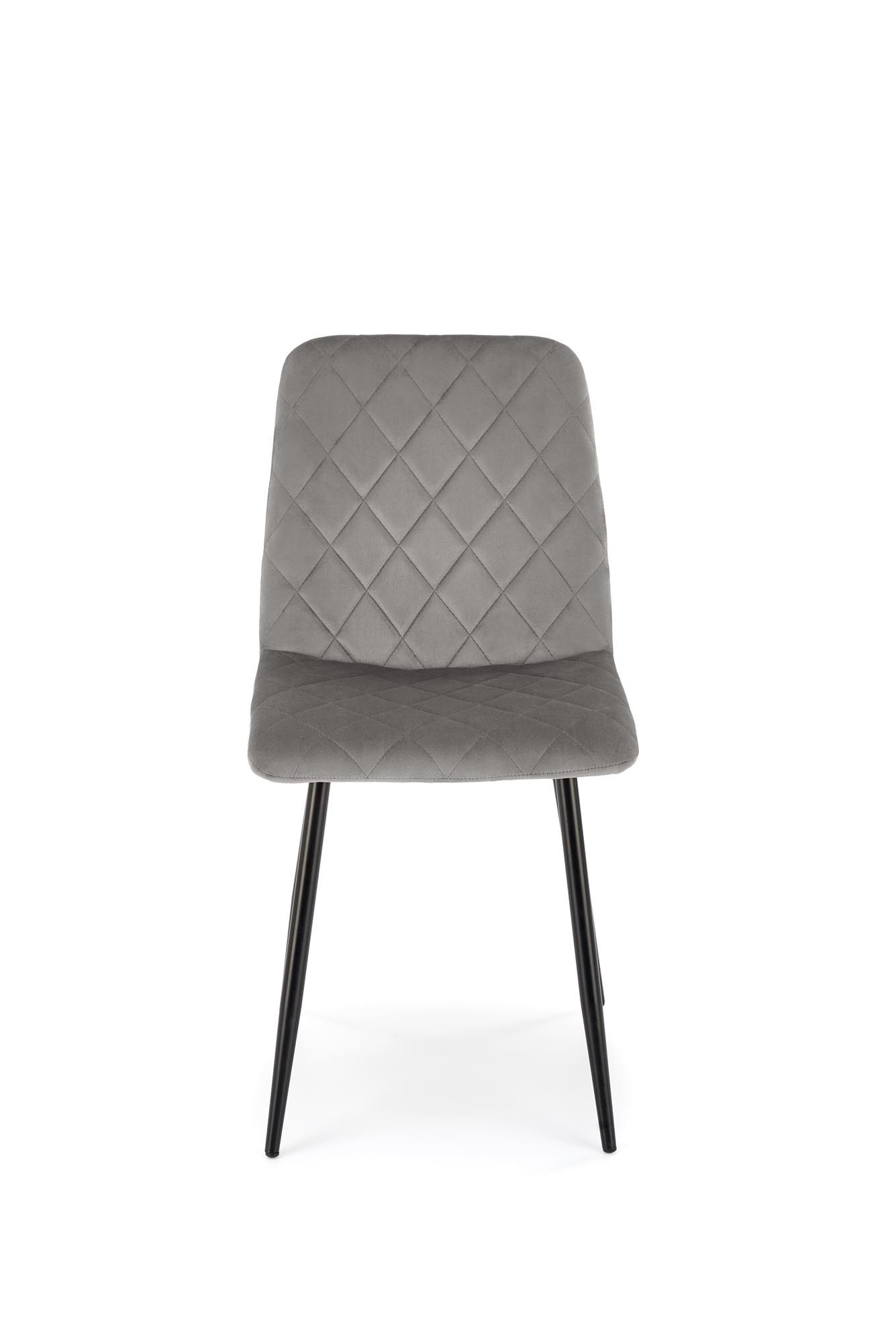 Popielate krzesło K525 z welwetu na stalowych nogach – widok z przodu.
