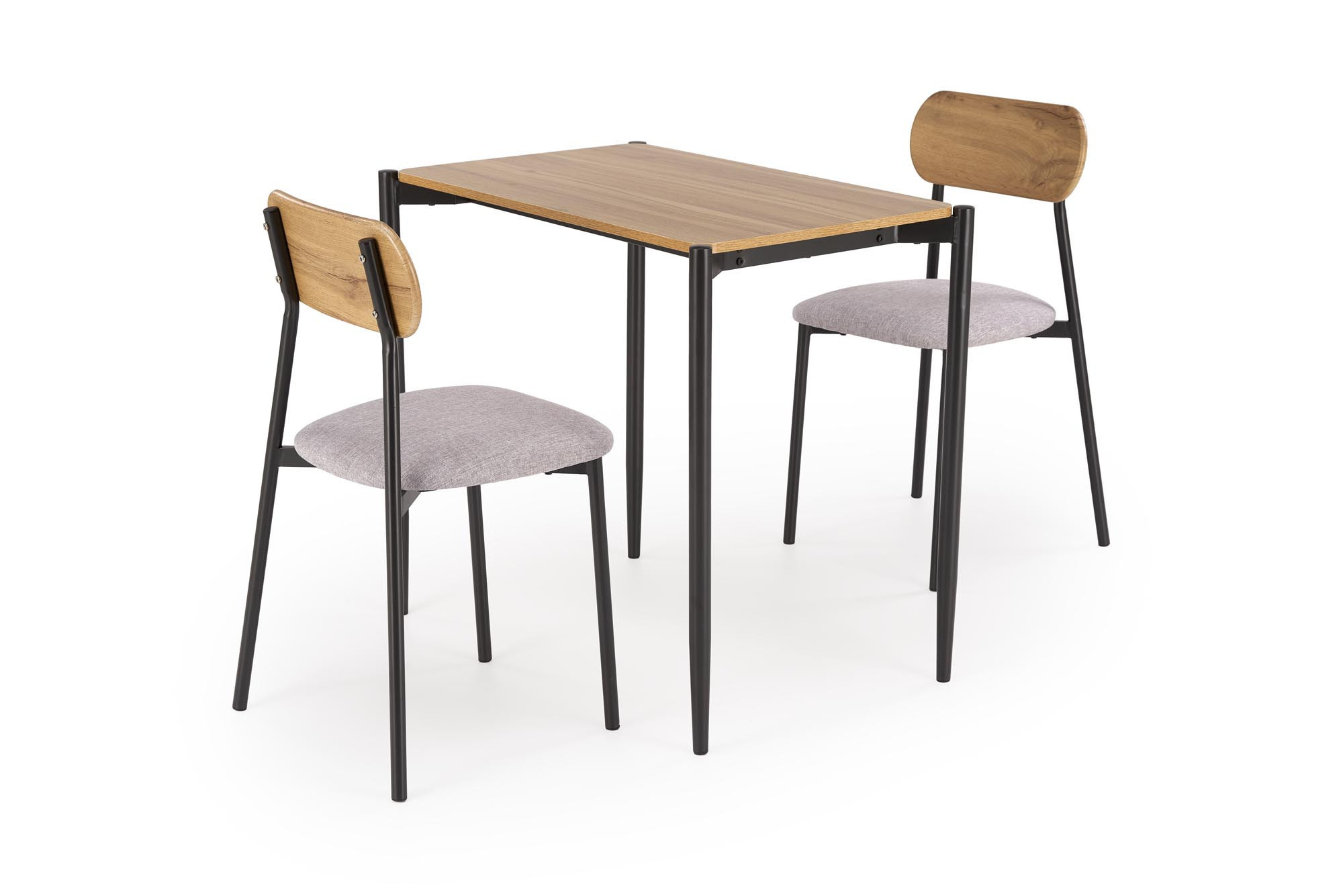 Zestaw NANDO: stół z drewnianym blatem i dwa krzesła z drewnianym oparciem oraz szarym siedziskiem – widok z przodu.