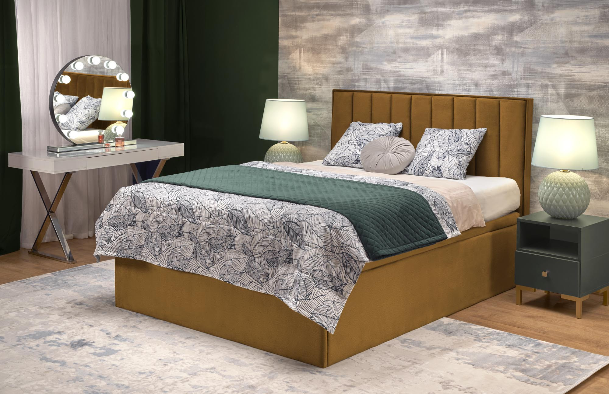 Łóżko kontynentalne ASENTO 160x200 cm w kolorze musztardowym z pojemnikiem na pościel – widok z przodu.