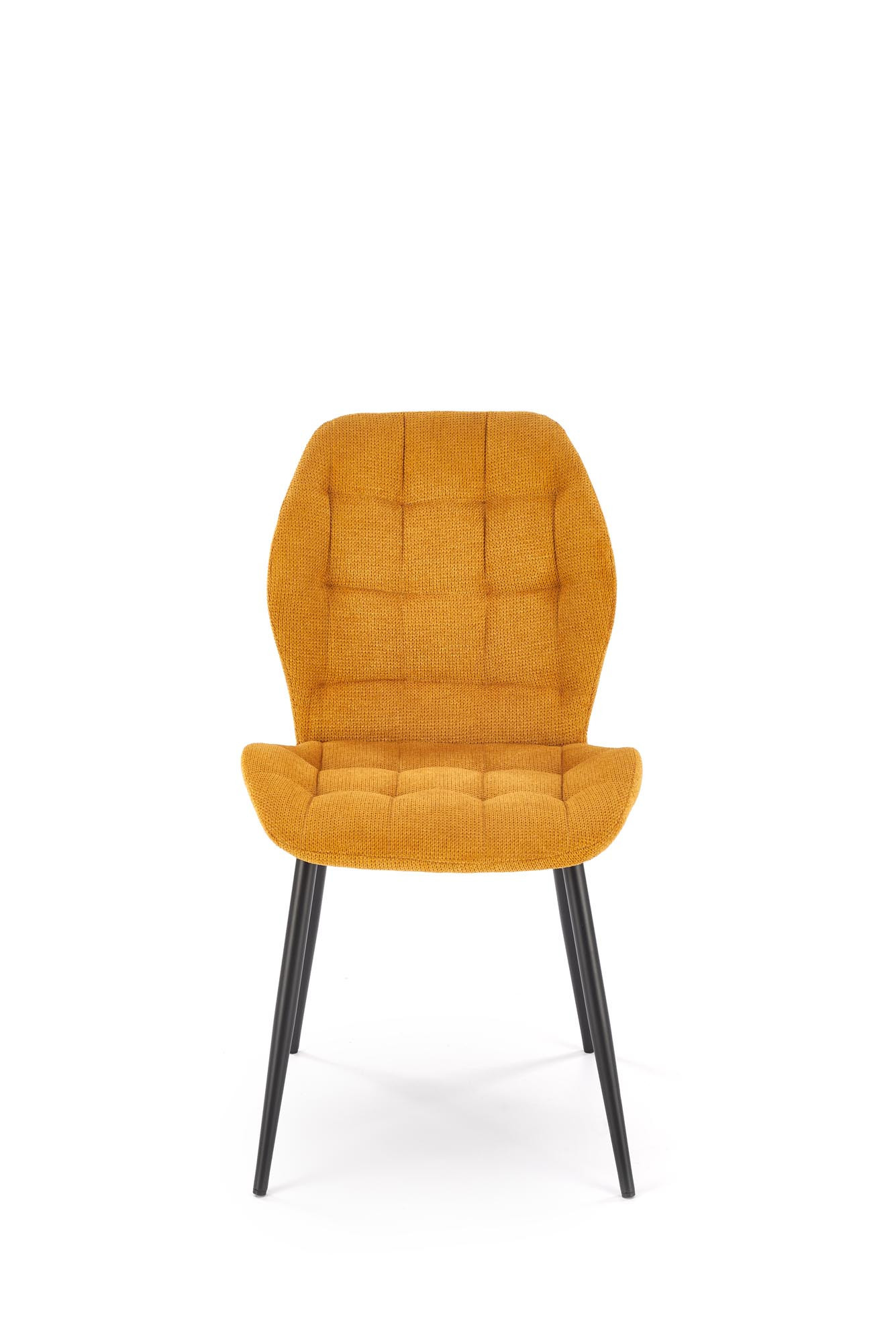Musztardowe krzesło K548 z pikowanym oparciem i czarnymi stalowymi nogami – zdjęcie z przodu.
