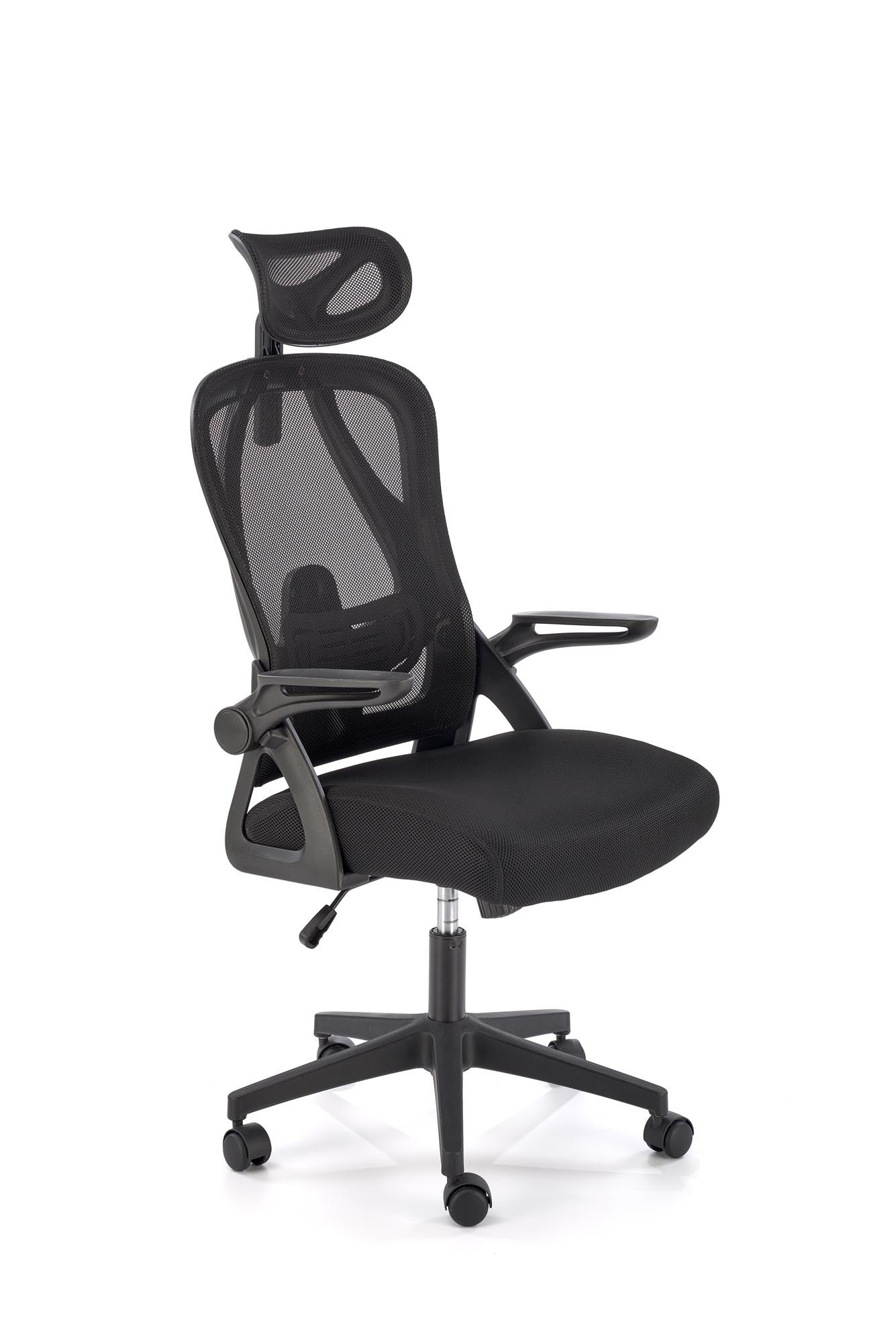 Czarny fotel gabinetowy NEGRO z regulowanym zagłówkiem, tkanina membranowa – widok z boku.