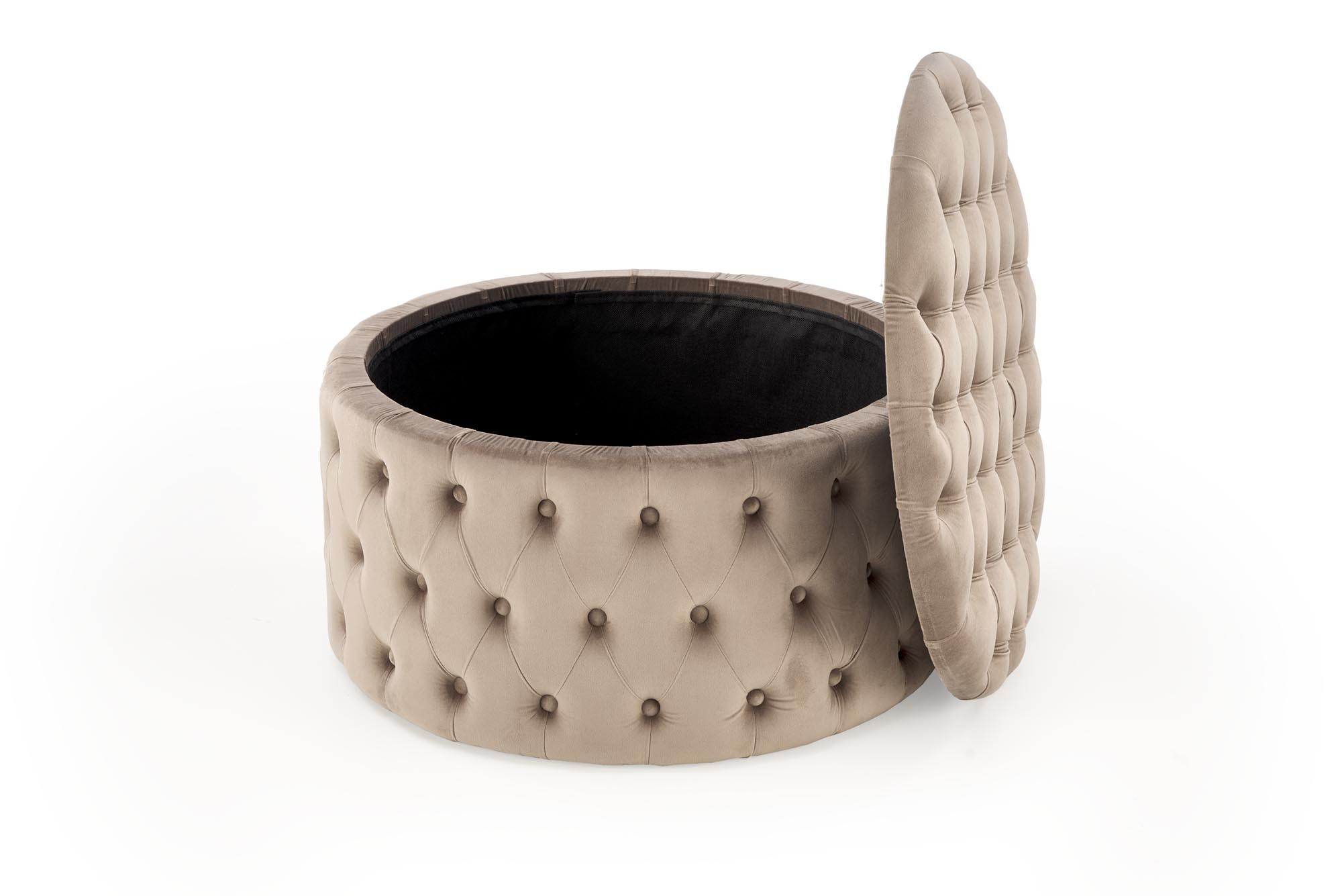 Beżowa, okrągła pufa NUNEZ z funkcją pojemnika, otwarte wieko, pikowana velvet.