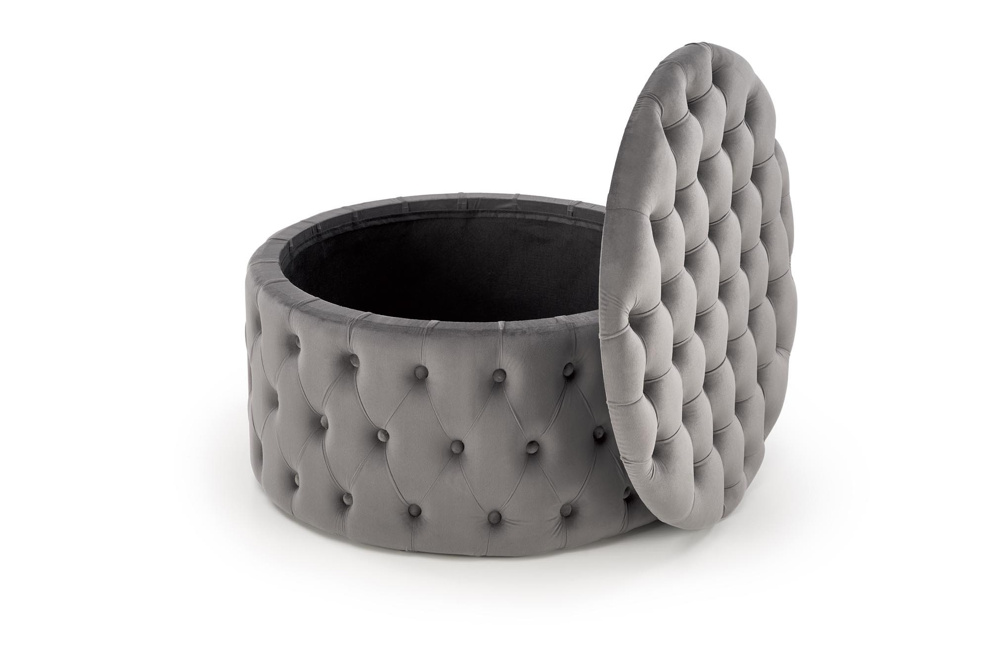 Otwarta, pikowana, popielata pufa NUNEZ z funkcją pojemnika – widok z góry.