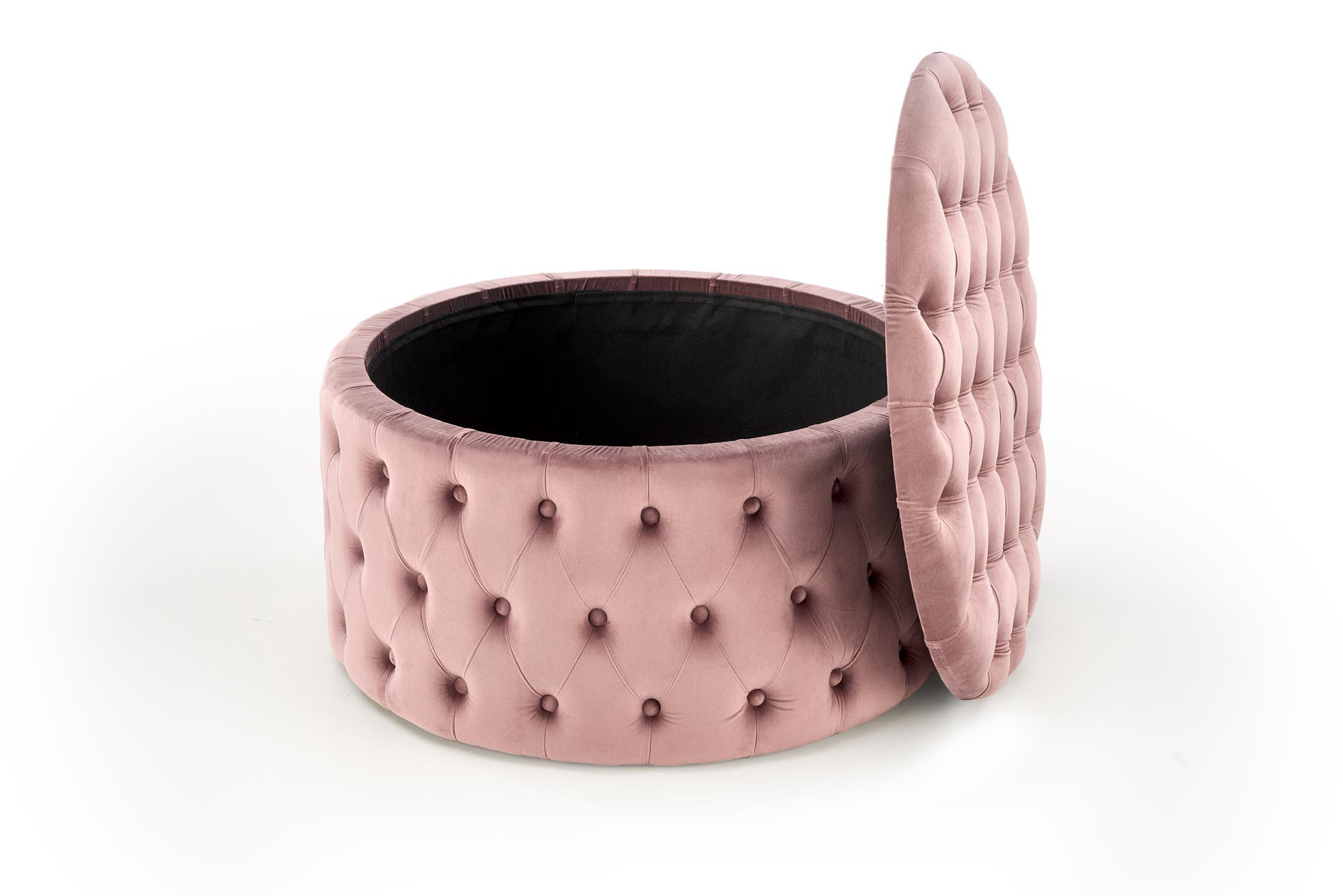 Otwarta okrągła różowa pufa NUNEZ z pikowanego weluru z funkcją pojemnika.