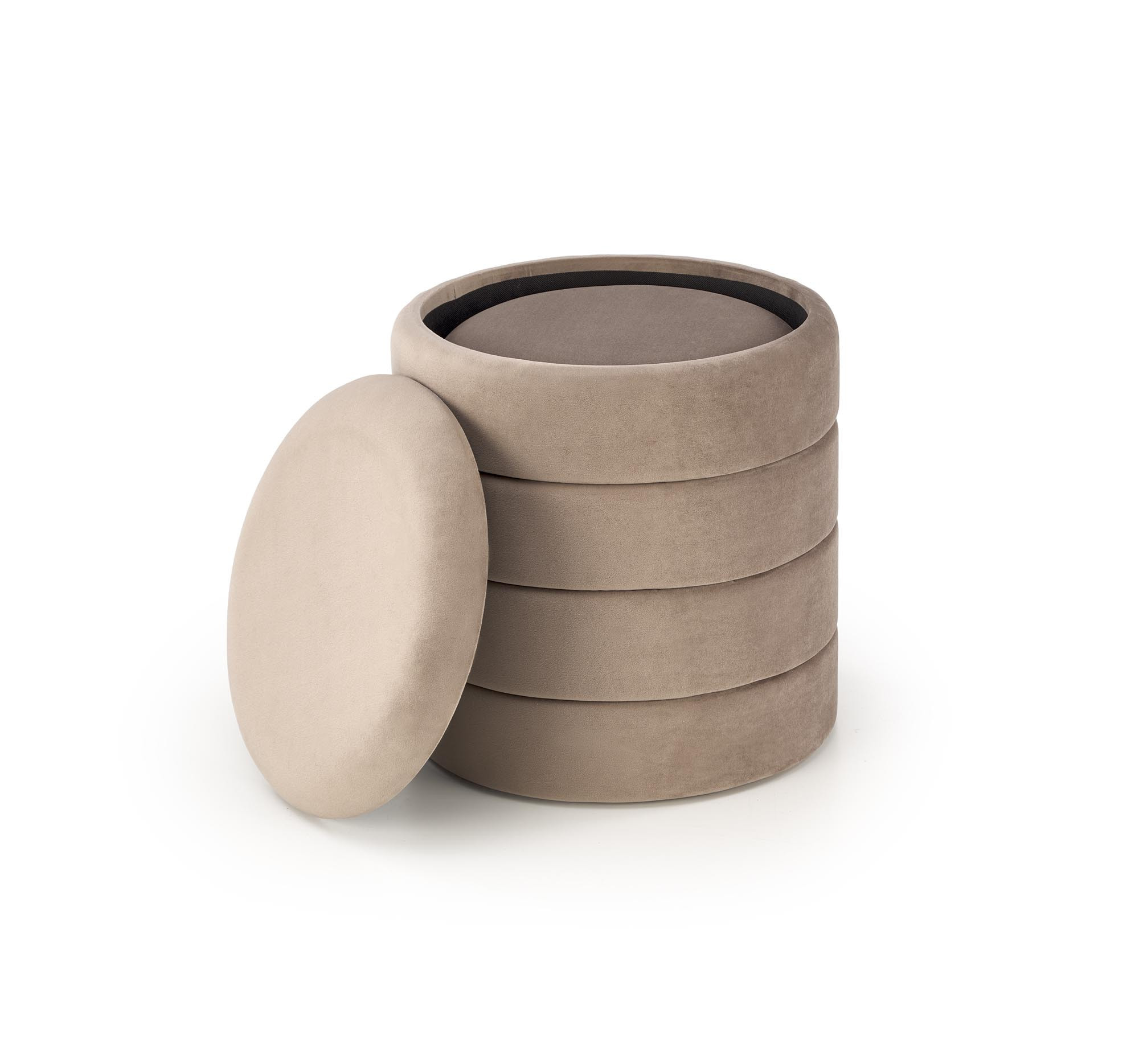 Beżowy zestaw 2 puf PACHO z pojemnikiem, zdjęcie z przodu.